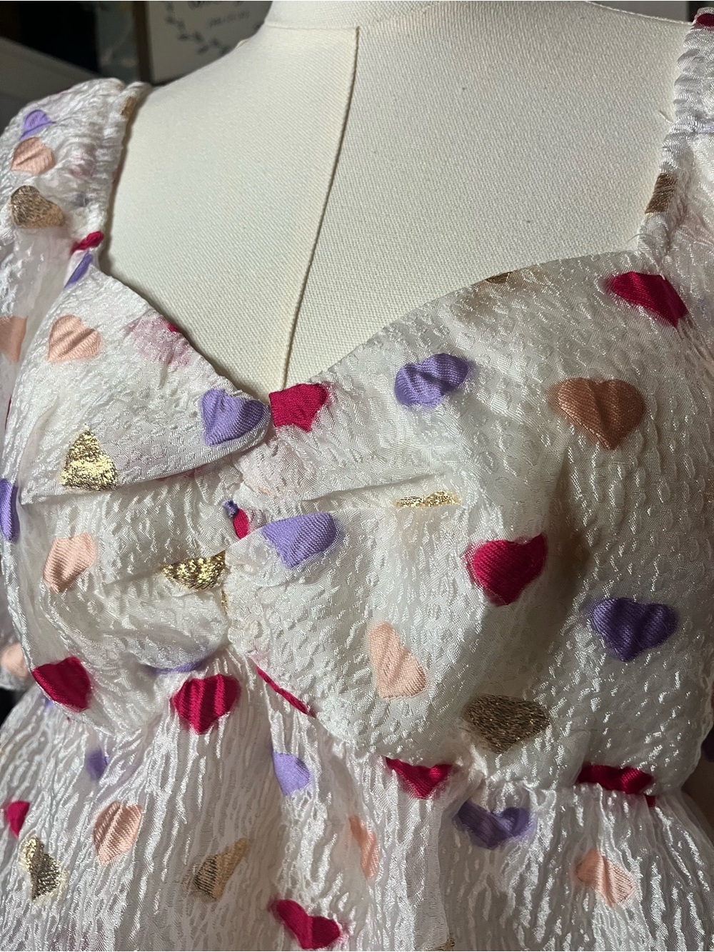 Buddy Love White Heart Print Puff Sleeve Sweetheart Top XS - Picture 3 of 7